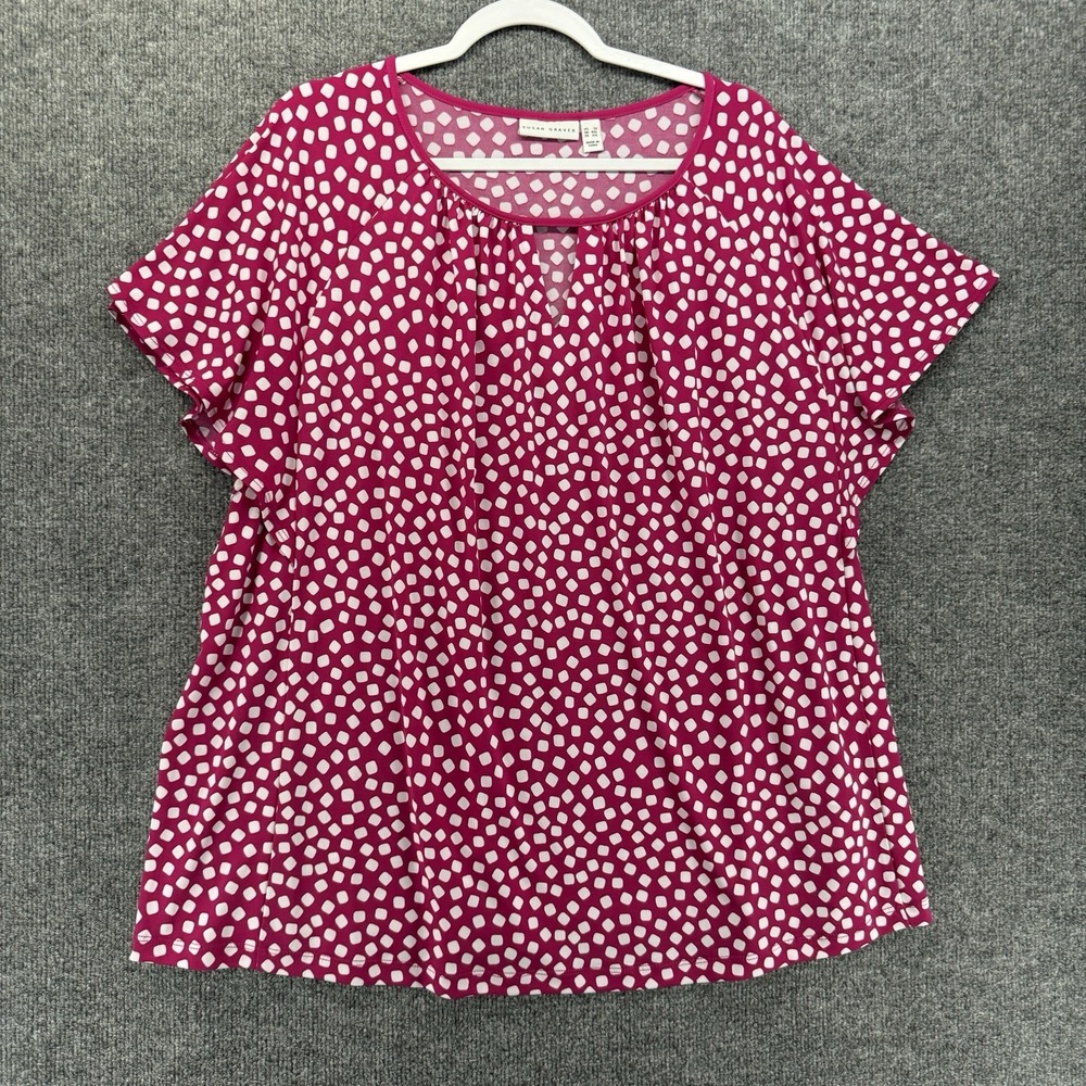 Susan Graver Top Plus Size 3X Pink Polka Dots Liquid Knit Short Sleeve Casual